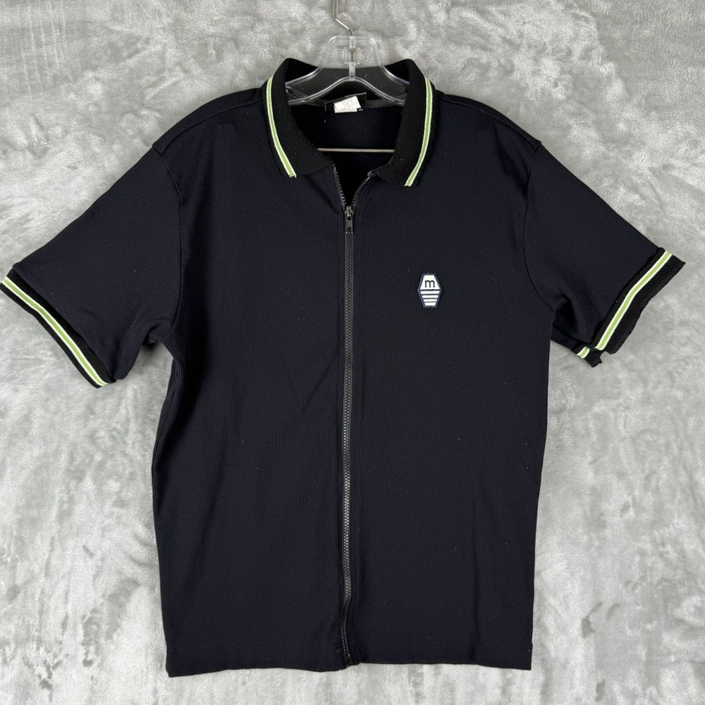 Vintage Mossimo Mens Black Ribbed Zip Polo Shirt white Trim Short Sleeve Size M